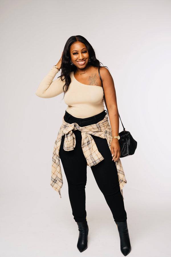 "She" one shoulder bodysuit