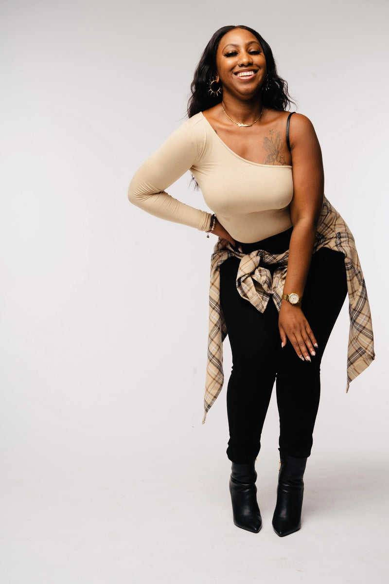 "She" one shoulder bodysuit